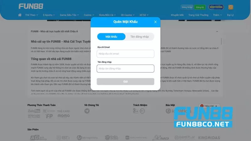 Lấy lại mật khẩu nhanh chóng trên Fun88